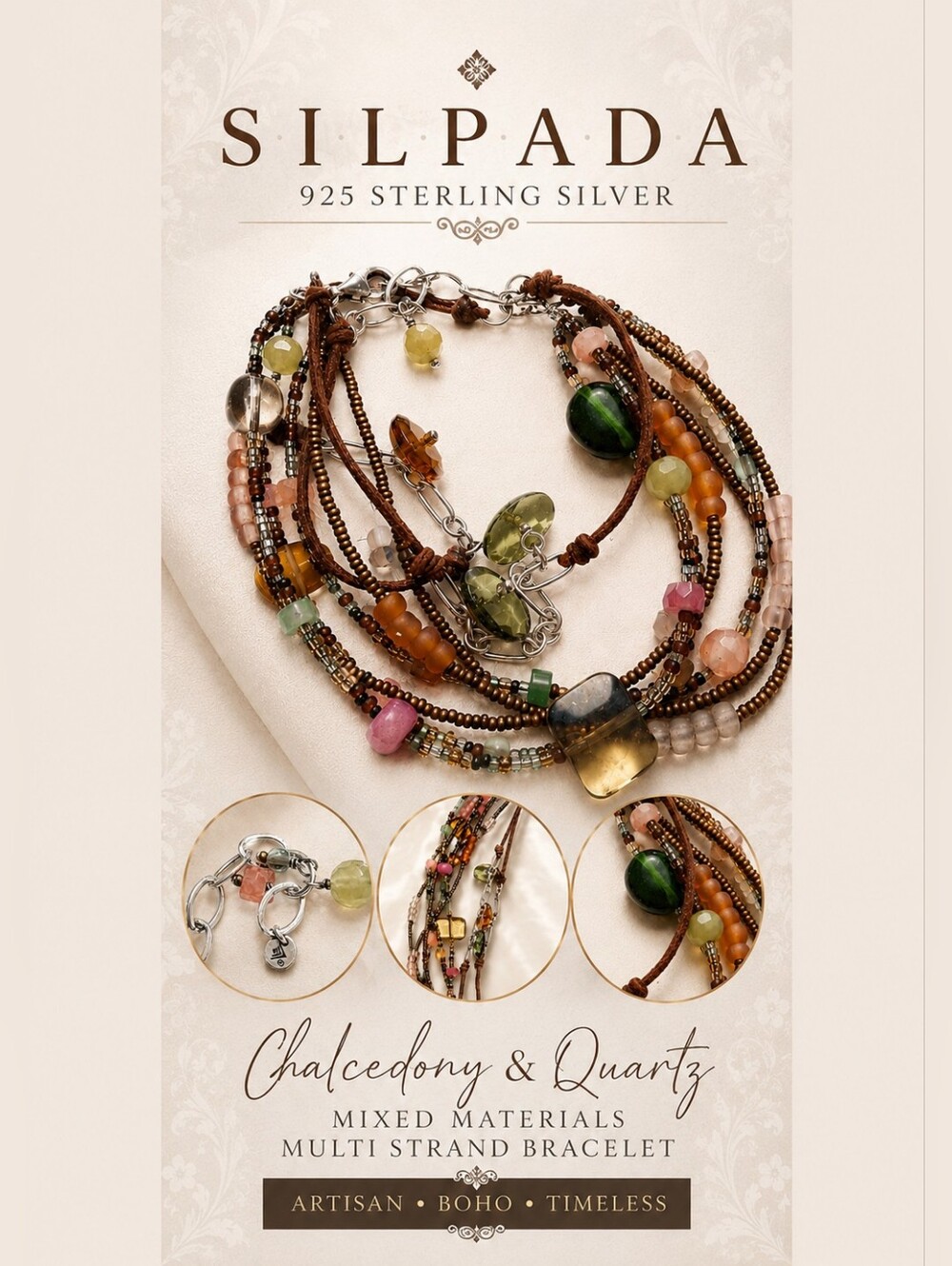 Silpada 925 Sterling Silver Chalcedony Quartz Mixed Media Multi Strand Bracelet